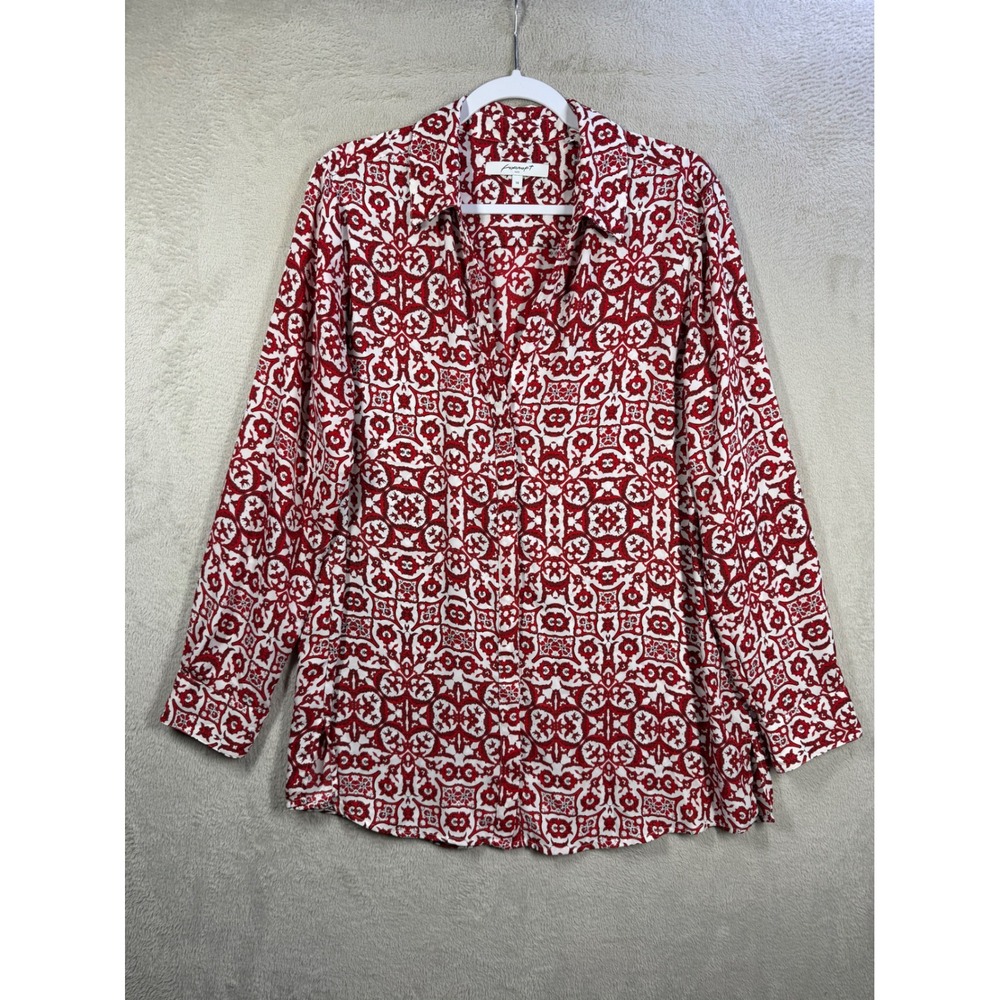 Foxcroft Button Down Shirt Womens 14 Red Medallion Print Long Sleeve Blouse